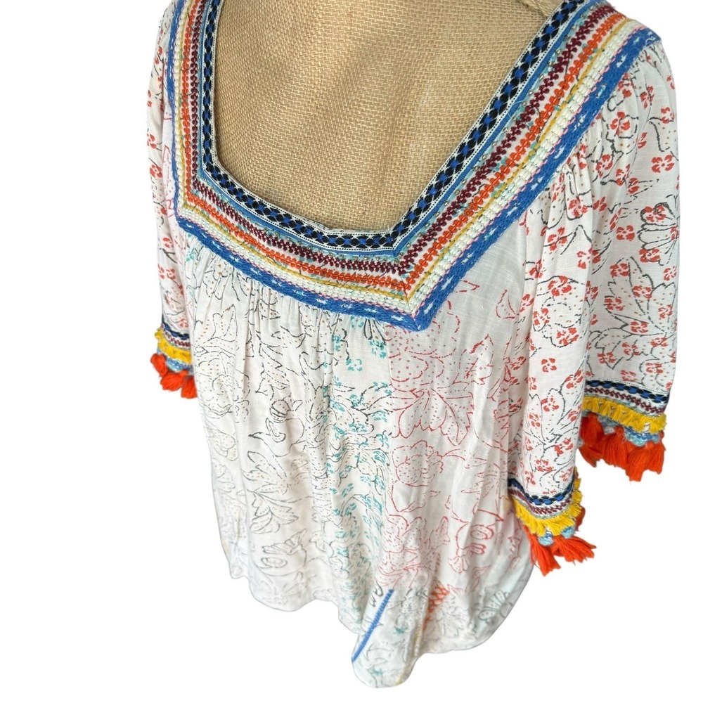 Embroidered‎ Tassel Square Neck Boho Blouse Bohemian Festival Artistic Medium - Picture 5 of 10